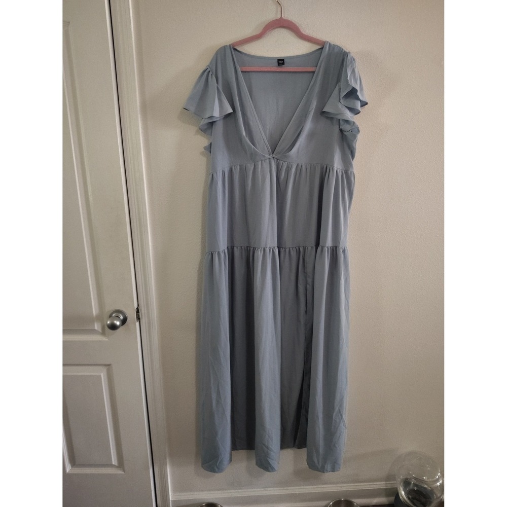 Shein‎ Curve Light Blue Tiered V-Neck Maxi Dress 3XL Flutter Sleeve Boho